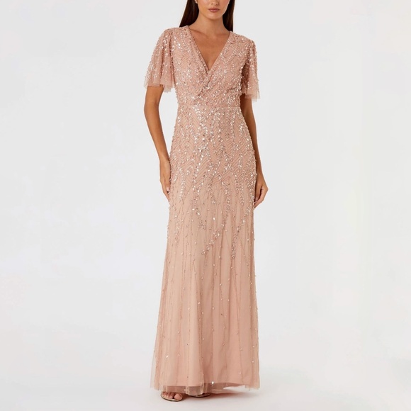 NWT Mac Duggal 35109 Nude Pink Size 12 Embellished Flutter Sleeve Gown Dress - Picture 1 of 9
